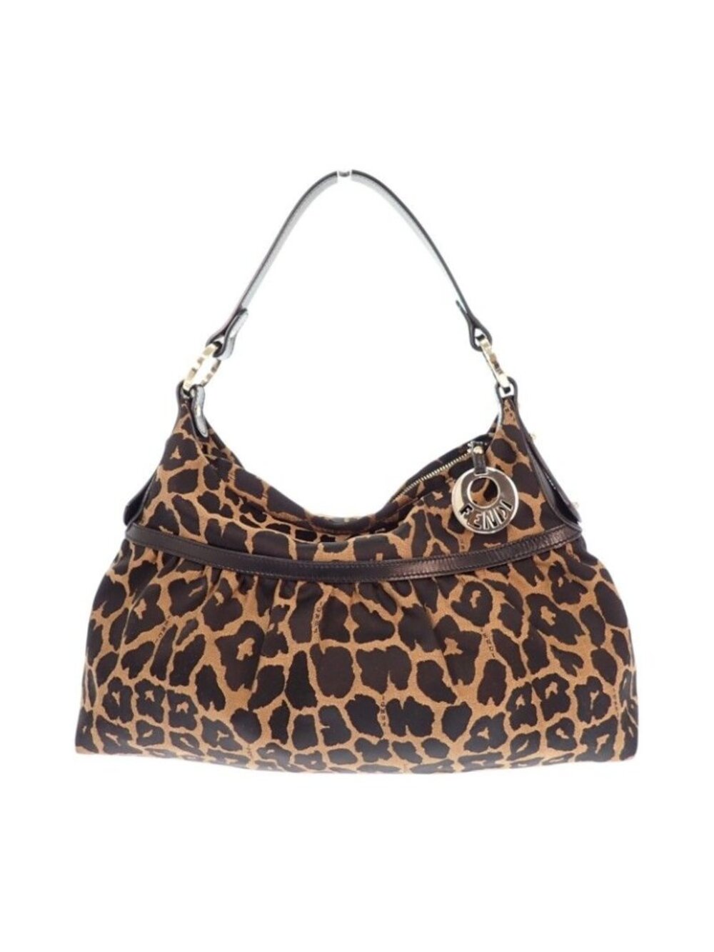 Fendi Leopard Print Shoulder Bag Canvas Leather Brown Black Gold